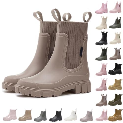 DFSDJEUW Wellies Boots Women Waterproof Short Chelsea Wellington Gardening Shoes, Rain Boots Ladies Festival Boot Non-Slip for Outdoors Activities Camping Garden Fishing walking shoes women Gold 6.5