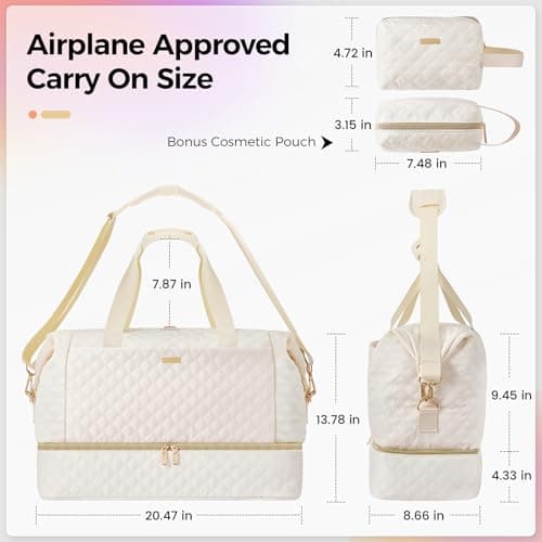Gloppie 39L Foldable Travel Duffel Bag - Waterproof Gym Holdall & Mum Hospital Bag for Women Weekend Overnight Carry on Tote Bag with Shoes Compartment & Makeup Bag, 2 Pcs Set (Beige) — view 3