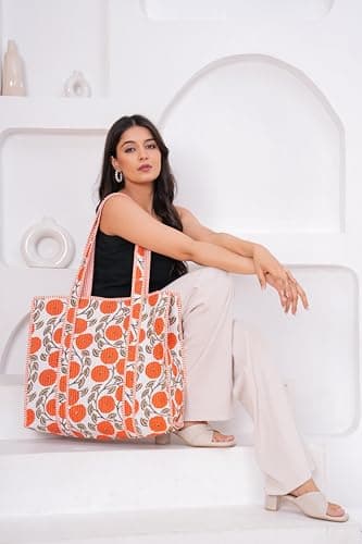 scorpionbliss Indian Cotton Quilted Tote Bag Women shoulder Bag Carry, shopping Beach Bag Summer Holiday Essentials Shopping Travel Bag with Pockets Handbags for Women (Orange-Flower) — view 6