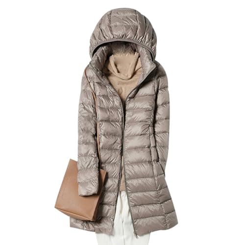 HAXNOHEY Women's Khaki XL Longline Puffer Coat - Quilted, Packable, Water-Resistant, Down Jacket with Pouch, Ideal for Travel, Daily Wear, Business, Outdoor Enthusiasts