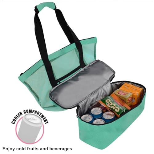 Oaygat Mesh Beach Tote Bag Zipper Bag for Beach Pool Picnic, Insulated Cooler Compartment, Dry & Wet Separation, Organized Multi-Pocket Layout, Unisex-Adults, 41cm x 17cm x 51cm, Turquoise — view 4