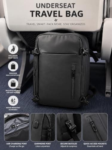 V-VAPE Underseat Travel Backpack, Flight Approved Cabin Carry On Bag, 15.6 Inch Laptop Backpack, Water Resistant Travel Rucksack with USB Port & Luggage Sleeve for Ryanair, easyJet, Wizz Air — view 3