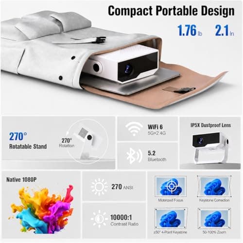 Smart Projector Android 14 Built-in Apps 270 ANSI, Support 4K&Native 1080P, Movie Projector for Bedroom Home Cinema Wifi6 and BT5.2, 270° Rotation 30db Low Noise Auto Keystone Mini Portable Projectors — view 4