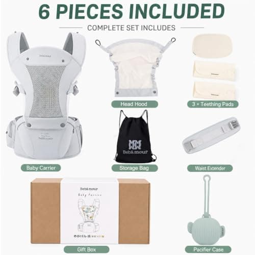 Bebamour Baby Carrier with Hip Seat, 6 Carrying Positions, Newborn to Toddler Baby Carrier 0-36 Months, Adjustable Waist & Padded Shoulder Straps, Head Hood, Pacifier Case & Teething Pads (Grey) — view 3