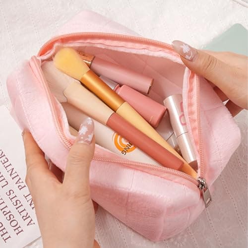 YONEEKSS Small Makeup Bag, Fluffy Travel Cosmetic Bag, Cute Zippered Toiletry Organizer Case, Daily Makeup Pouch for Women Girls (Pink) — view 3