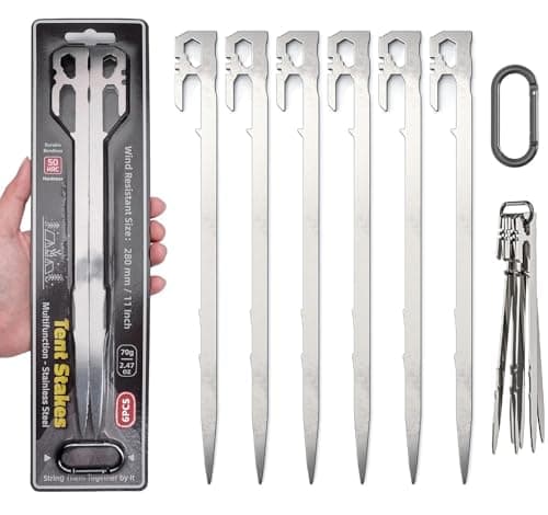 LATERN 6Pcs Heavy Duty Tent Pegs, 28CM Stainless Steel Camping Tent Stakes Multifunction Ground Stakes with Hook and Hole for Outdoor Trip Hiking Gardening Large Hard Ground Rocky (With a Carabiner)