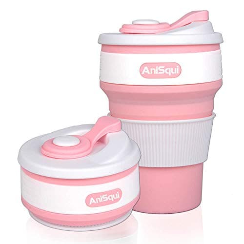 AniSqui Collapsible Coffee Cup Silicone with Lids, 12oz 350ml (Pink)