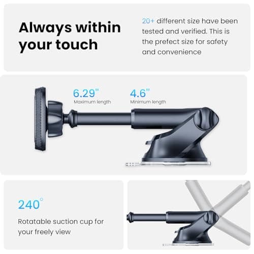 APPS2Car Magnetic Phone Car Mount, Universal Dashboard Windscreen Industrial-Strength Suction Cup Car Phone Mount Holder with Adjustable Telescopic Arm, 6 Strong Magnets for All Cell Phones — view 4