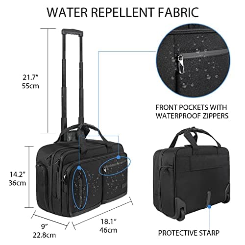 VANKEAN 17.3 Inch Rolling Laptop Bag for Men，Stylish Carry on Briefcase Laptop Case Water-Proof Overnight Rolling Computer Bag with RFID Pockets Laptop Bags for Travel/Work/School-Black — view 2