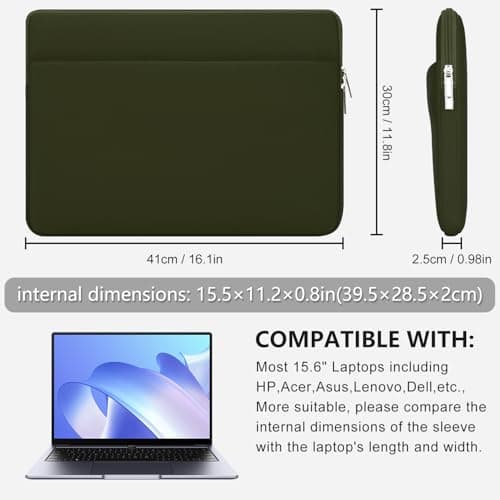 HEDUGO Laptop Sleeve Bag Compatible with 15.6 inches HP Acer Asus Lenovo Notebook with Zipper Accessory Pocket Padded Computer Pouch Cover Shockproof Protective for 15.6” Laptop,Army Green — view 2