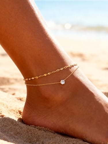 AllerPierce Gold Anklet for Women, Dainty Layered CZ Anklet Bracelet, Hypoallergenic Stainless Steel Waterproof Foot Chain, Summer Beach Jewellery Gifts for Women Girls Ladies Gold — view 3