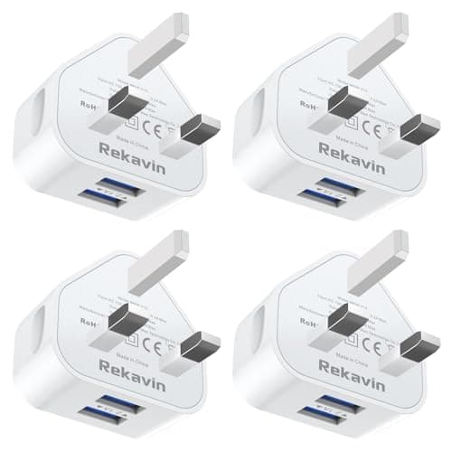 USB Plug,4Pack Dual USB Charger Plugs Adaptor UK 10.5W Phone Plugs with USB Port Double Compact 3 Pin Mains Charge Head 5V 2.1AMP Charging Compatible with iPhone 13 12 11 SE XS XR X 8 7 6 5,iPad