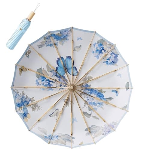 Meichoon Retro Sun Umbrella UPF50+ UV Protection Large 102cm/40in for 2 Person Upgrade Thickened Double-bone Fiberglass 16 Rib Waterproof Wind Resistant Folding Parasol for Women Travel Wood Handle