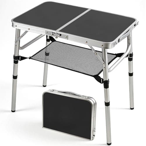 Warmiehomy Folding Camping Table, 3 Adjustable Height, Max 60cm Aluminum Picnic Table with Storage Net & Carry Handle, Portable Grill Table for Camping, Picnic, Backpacking, RV, BBQ, 60X40cm, Black