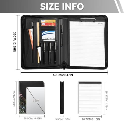 Leathario Portfolio Folder, A4 Conference Folder with Notepad and Pen, Vegan Leather Zipper Padfolio with Pockets for Tablets Notepads Files, Travel Business Portfolio, Planner Document Organizer — view 3