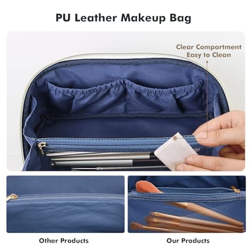 Prite Travel Makeup Bag Flat Lay Cosmetic Case with Brush Pocket, Blue, M — view 6