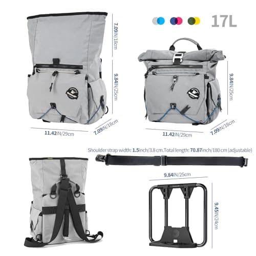 Front Bag for Brompton Bike 17L Roll Top Cycling Bag with Frame, Folding Bike Carrier with Shoulder Strap, Helmet Storage, for Travel Commuter Bicycle,Backpack (Requires Mounting Block)-Grey — view 3