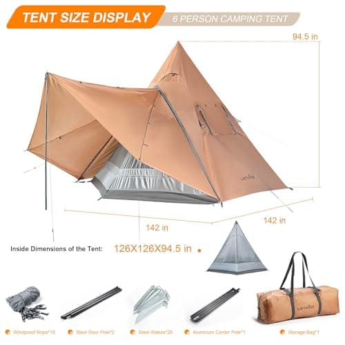 LETKIND 6 Person Camping Tent 12x12ft Teepee Tent Waterproof Professional Canvas Tent with Water-Resistant Material, Double Layer Design and Mesh Windows, Easy Setup for Adult Family Outdoor Camping — view 3