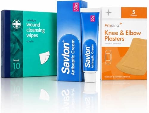 Savlon Antiseptic Cream 30g Bundle with 10 Cleansing Wipes & 5 Fabric Plasters | Travel & Home Care Essentials Kit
