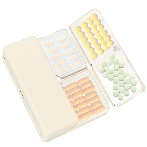 FYY 7 Day Pill Organiser, Travel Tablet Box, Large [Foldable Design] Weekly Medication Case, Portable Daily Supplements Storage Organizer for Vitamins, Cod Liver Oil-Cream White