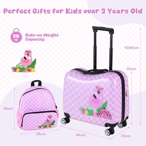COSTWAY 2PCS Kids Luggage Set, Children Backpack and Ride-on Suitcase with Footrest, Anti-Lose Rope, Travel School Trolley Hardshell Case for Boys Girls (Flamingo, 28cm Backpack + 33cm Suitcase) — view 6