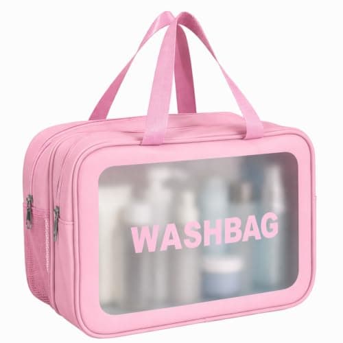 Large Double Layer Clear Toiletry Bag, Odourless Waterproof Wash Bag with Dry Wet Separation, PVC Travel Toiletries Organiser with Dual Handles, Reusable Makeup Bag for Men Women Gym Travel