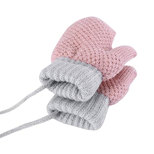 Kids Toddlers Thermal Gloves Mittens Winter Warm Thick Knitted Gloves with String Fluffy Full Finger Mittens Baby Fleece Lined Gloves Hanging Neck Mittens with Anti-Lost String for Boys Girls Age 1-4 — view 2