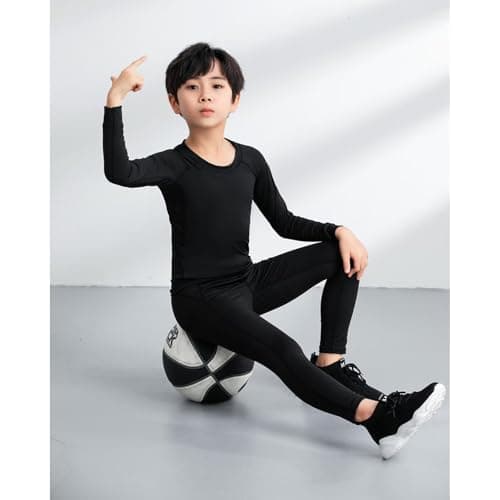 Guoegh Kids Base Layers sets Boys Football Sport Skins Warm Thermal Baselayers Sets Long Sleeve Top & Legging for Children(Black,12-13 Years) — view 3