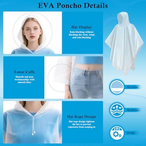 lohey Rain Poncho, Reusable Rain Poncho Waterproof Adult Emergency Waterproof Jacket Women Men EVA Raincoat with Hood and Sleeves for Camping, Fishing, Theme Parks, Festivals (White) — view 3