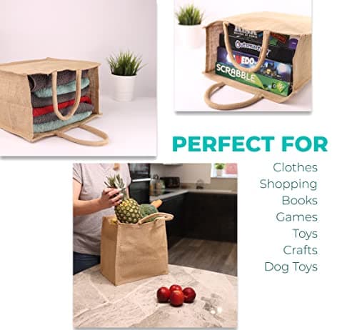 DIVCHI Eco-friendly 10 Pack Jute Shopper Bags with Handles - Reusable Tote Shopping & Storage Handbag Carrier for Picnic, Shopping, Beach & Gifts (46cm x 35cm x 18cm) — view 6