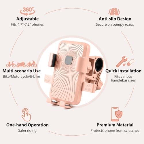 360° Motorbike Phone Holder | Bike Phone Mount Clamp | E Bike Accessories | Bicycle Phone Holder & Mount | Universal Motorbike Scooter Handlebar Cradle | Cycling MTB Road Bike Accessories Gift - Pink — view 2