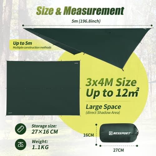 Bessport Camping Tent Tarp 3m x 3m/3m x 4m Waterproof PU3000 mm with Eyelets & 6 Aluminium Stakes & 8 Nylon Ropes, Anti-UV Suitable for Camping, Picnic, Hammock — view 4