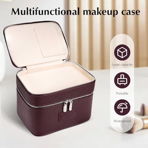 Makeup Bag,Make up Case for Women Vanity Case Leather Makeup Bags Travel Toiletry Double Layer Removable Compartment Cosmetic Organizer — view 4