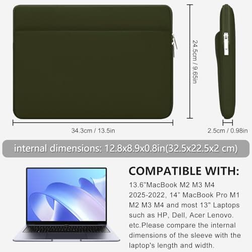 HEDUGO 13 Inch Laptop Sleeve Portable Carrying Case with Front Pocket Padded Computer Pouch Cover Compatible with Macbook Air 13.6 Inch M4 M3 M2 2025-2022, 14 Inch Macbook Pro M4 M3 M2 M1, Green — view 5