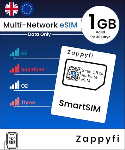 Zappyfi Data-Only Multi-Network eSIM, Auto-Connects EE, O2, Vodafone & Three, 4G/5G Prepaid PAYG, UK & 25+ Europe Roaming, for Compatible eSIM Devices (1GB | 30 Days)