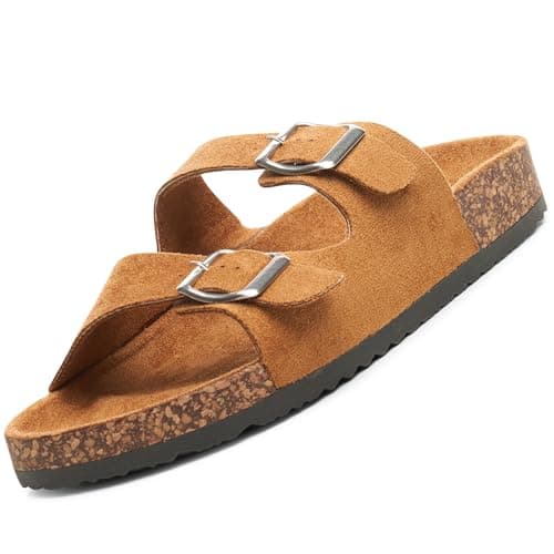 alpine swiss Womens Double Strap Contour Sandals | Adjustable Buckle Slides | Vegan Leather Footbed Sandals | Ergonomic Cork-Inspired Sole | Casual Summer Footwear Slip On Slides with Buckles Tan 5