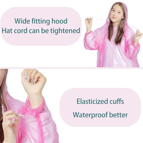 WUBAYI 7 Pack Adult Disposable Rain Poncho Heavy-Duty PE Material, Adjustable Drawstring Hood & Elastic Sleeves, Waterproof Emergency Reusable Plastic Ponchos for Travel, Camping, Hiking, Festivals — view 2
