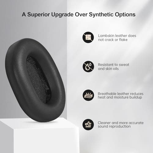 Aurivor Genuine Leather Ear Pads Cushions for Sony XM5 Noise Canceling Headphones, Premium WH-1000XM5 Replacement Earpads Covers with Soft Lambskin Leather, Optimized Memory Foam (Lambskin-Black) — view 3
