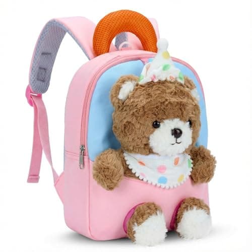 PROTAURI 1-4 Years Girls' Backpack, Nursery Backpack with Removable Plush Toy, Nursery Bag with Chest Strap, Perfect for Kindergarten, Travel Gifts, Plush Bear Design