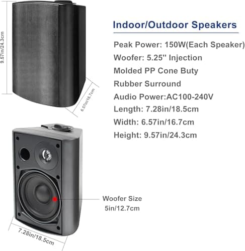 STUDIOFINIX 5.25 Inches 600 Watts Indoor- Outdoor Patio Outdoor Spreaker Compatable with Bluetooth Superior Stereo Dome Tweeter All Weather Wired Wall Mount System (4 Speakers) — view 5