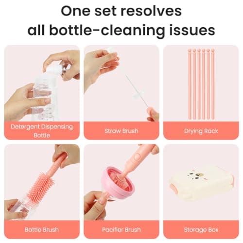 Vicloon 6 in 1 Baby Bottle Brush Set, Travel Bottle Cleaner Kit with Silicone Bottle/Nipple/Straw Brush, Soap Dispenser, and Drying Rack, Baby Travel Essentials (Pink) — view 3