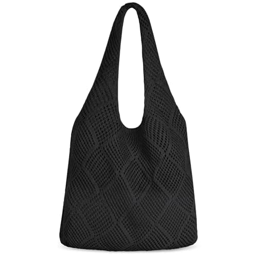 Aucuu Women Knitted Handbags, Retro Hollow Woven Shoulder Bags, Boho Shoulder Bag, Crochet Mesh Tote Bag, Beach Bag for Women, Travel Shopping Handbag for Holiday, Daily Work, Shopping, Travel-Black
