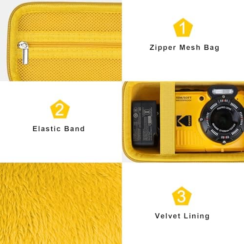 Canboc Carrying Travel Case for Kodak PIXPRO WPZ2 Rugged Waterproof Digital Camera, Underwater Photography Camera Bag, Zipper Mesh Pocket fits USB Cable, Battery, Adapter, Yellow (Case Only) — view 5