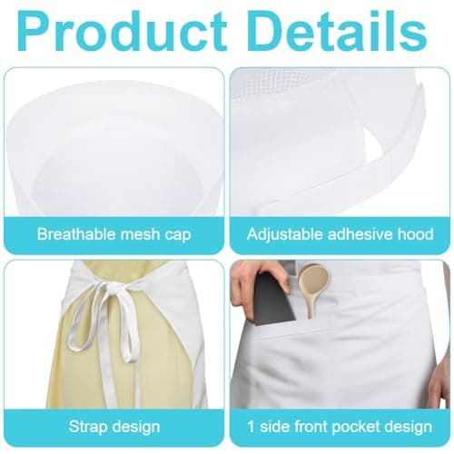 DiULi Apron and Chef Hat Set, Adjustable White Chef Apron with Pockets, Women's Cooking Kitchen Bib for Home Gardening Café — view 3