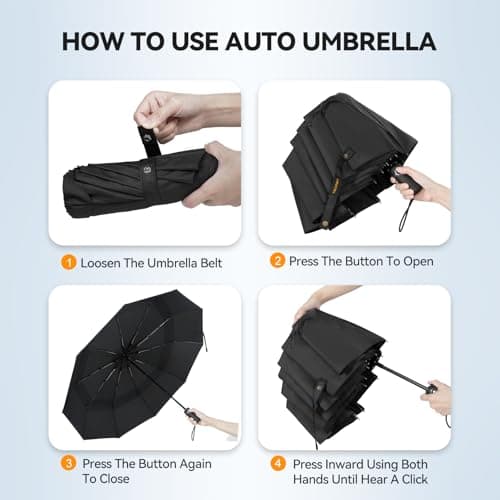 TECKNET Windproof Umbrella, Strong Compact Travel Automatic Umbrellas, Large Wind Resistant Umbrella with 10 Ribs, Folding Lightweight Golf Automatic for Rain - Men, Black — view 6