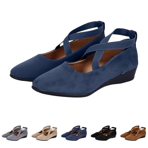 ziubauyke Women's Ballet Flats Closed Toe Crisscross Strap Wedge Shoes Comfy Summer Wide Fit Sole Stretchy Ankle Ballerina Ladies Comfy Dress Elegant Slip-On Pump Shoes Size 6.5 Blue — view 4