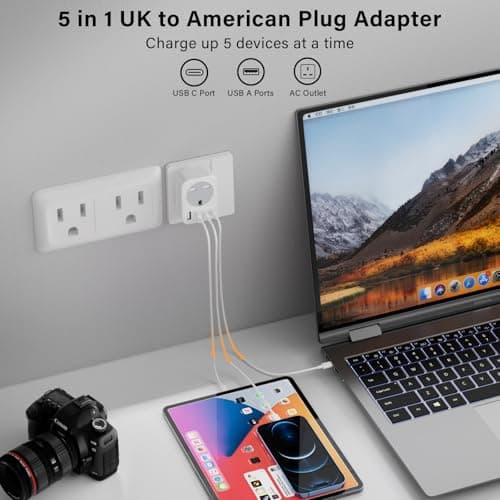 UK to USA Plug Adapter, US Travel Adapter with 2 USB &2 USB C Ports, 5 IN 1 American Plug Adapter from UK to USA, Canada, Thailand, Mexico, Colombia,Type B — view 4