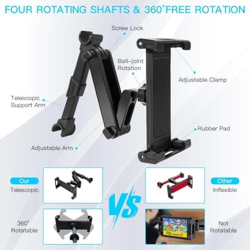 URAQT Car Headrest Tablet Mount,Car Back Seat iPad Holder with Foldable Extension Arm,360° Rotating Car Tablet Holder for Kids for iPad Pro, Air, Mini, Samsung Tab, Mobile Phone, 4.7-11 Inch Devices — view 3