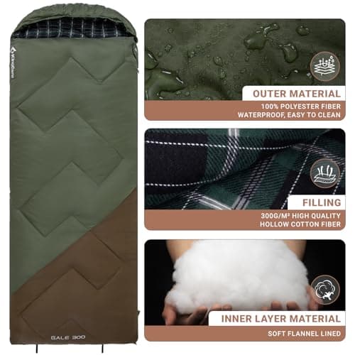 KingCamp Adult Sleeping Bag,100% Cotton Flannel Lining, Comfort 7℃,Olive_L — view 6