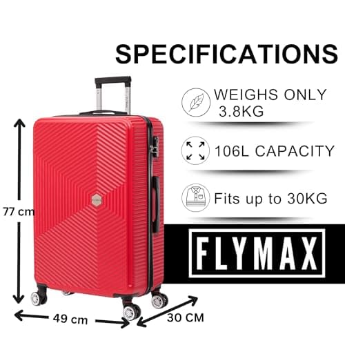 FLYMAX 29" Large Suitcases on 4 Wheels Lightweight Hard Shell Luggage Durable Check in Hold Luggage Built-in 3 Digit Combination Red 106L — view 3